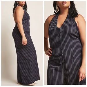 NWT Navy wide-leg pinstripe halter jumpsuit